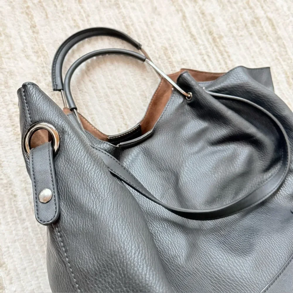 Sondra Roberts SQUARED Black Leather Double Handle Slouchy Shoulder Bag Purse